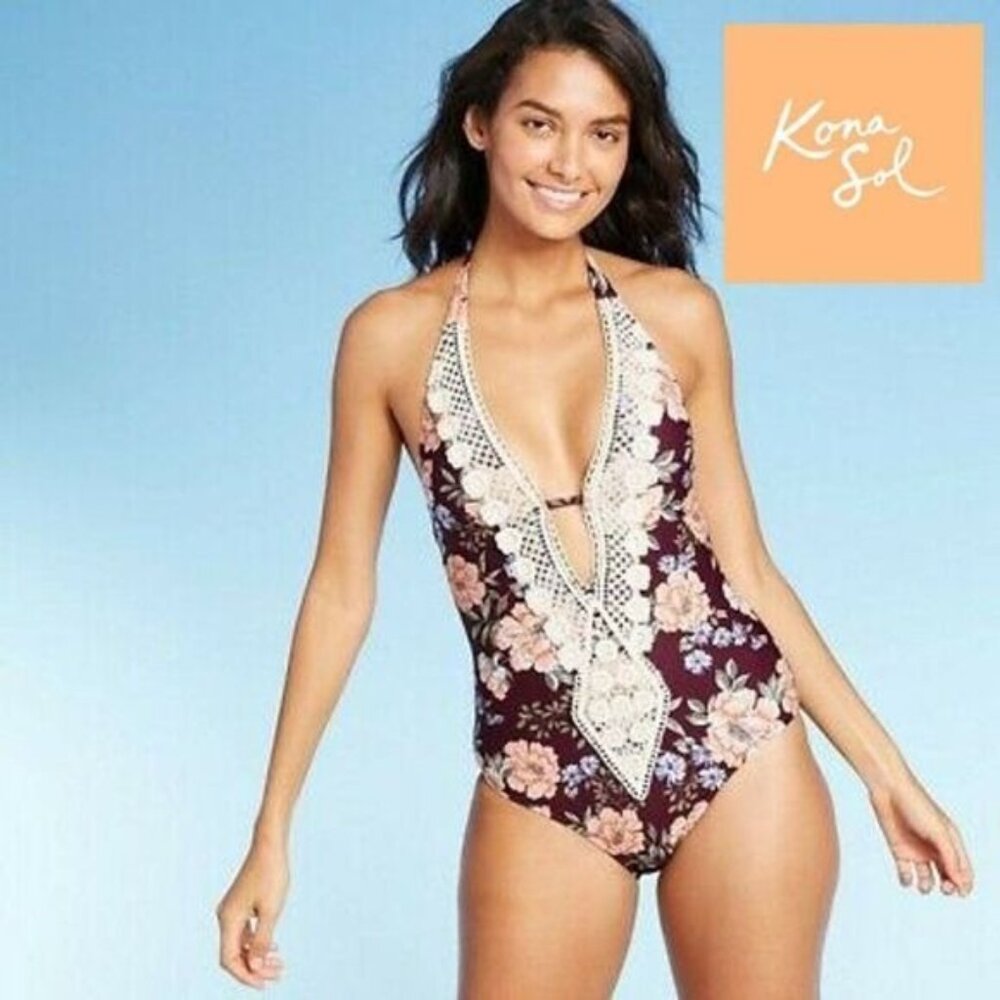 Kona Sol Women's Crochet Trim Plunge One Piece Swimsuit NWT‎ Swimwear